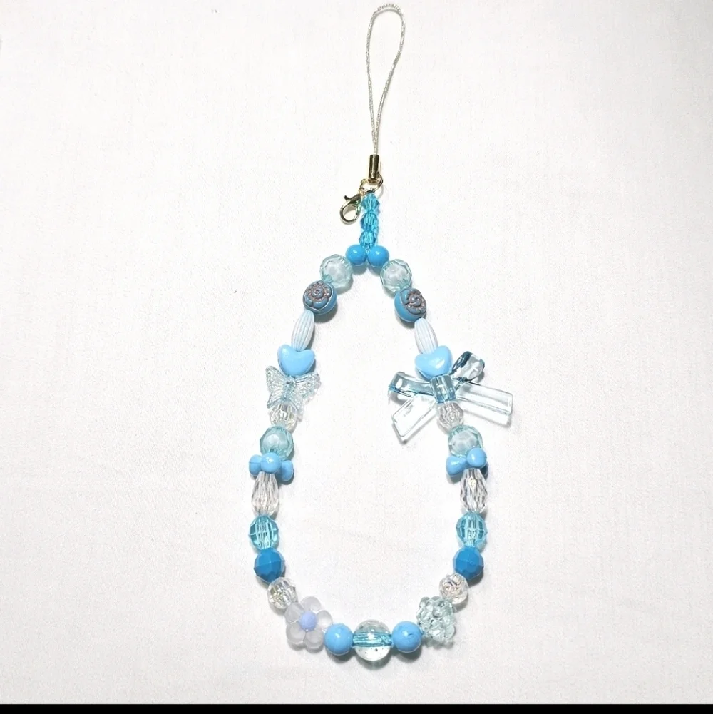 Cute Pastel Blue White Iridescent Beaded Girly Dainty  Phone Charm Wrist Strap